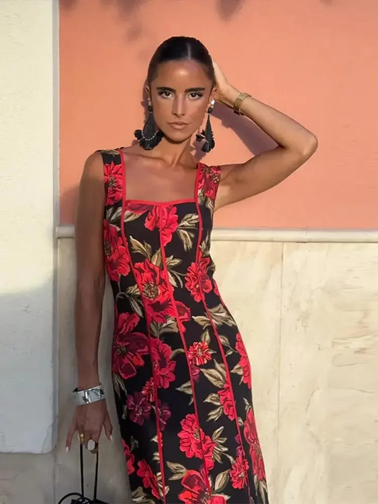 Sexy Printed Flower Long Women's Dress Sleeveless Waist-Closed Slash Neck Lady Dresses Summer Sling Vacation Holiday Robe