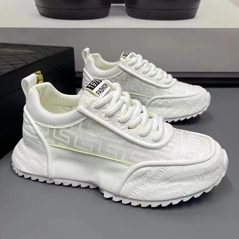 All Black Chunky Dad Sneakers Breathable Mesh And Leather Blend Platform Shoes Non Slip Casual Athletic Shoes For Streetwear