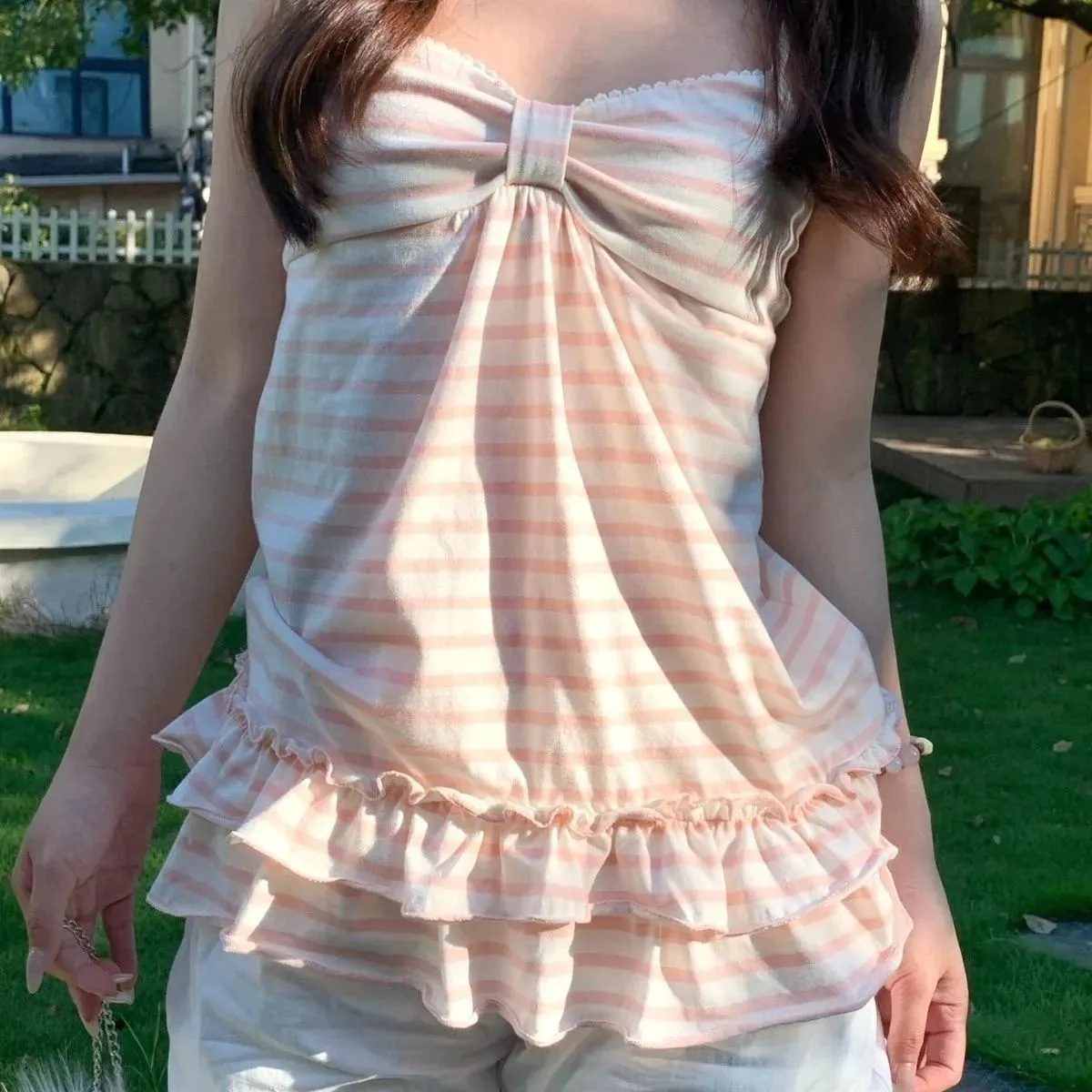 Women Sweet Striped Camisole Top Bow Front Ruffle Hem Sleeveless Cami Summer Loose A‑Line Tank Tops