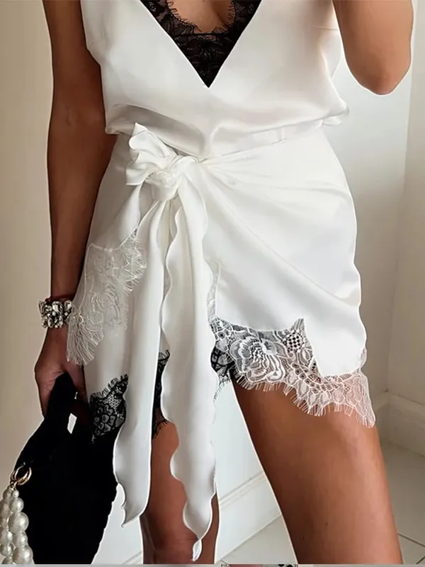 Casual Satin Lace Patchwork Dress Women Long Sleeve O-neck 2026 Spring Female Dresses Casual Solid Beach Robe not contain pearls