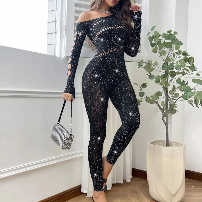 Mulheres sexy malha strass macacão manga longa ver através de alta estiramento corpo meias macacão clube plus size estoque lingerie