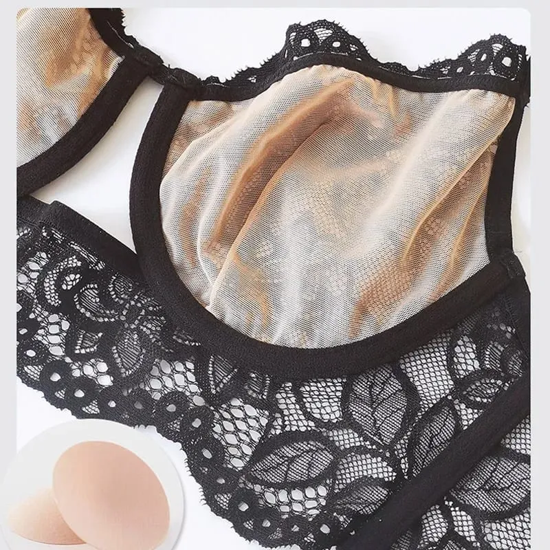 Sexy Cut-out Push-up Lace Thin Lingerie Set Women Evening Daring Fantasy Hot Ultra-light French Bra Underwear For Large Busts