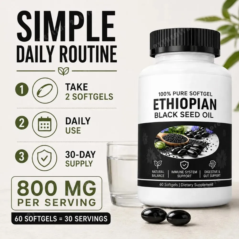 Ethiopian Black Seed Oil Softgels 800mg Cold Pressed Nigella Sativa Immune Digestive Gut Support Supplement 60 Count Non-GMO