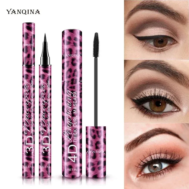 Crayon Eyeliner liquide + Mascara imperméable 4D, ensemble de cosmétiques, Mascara à friser épais, crayon à sourcils, maquillage pour les yeux
