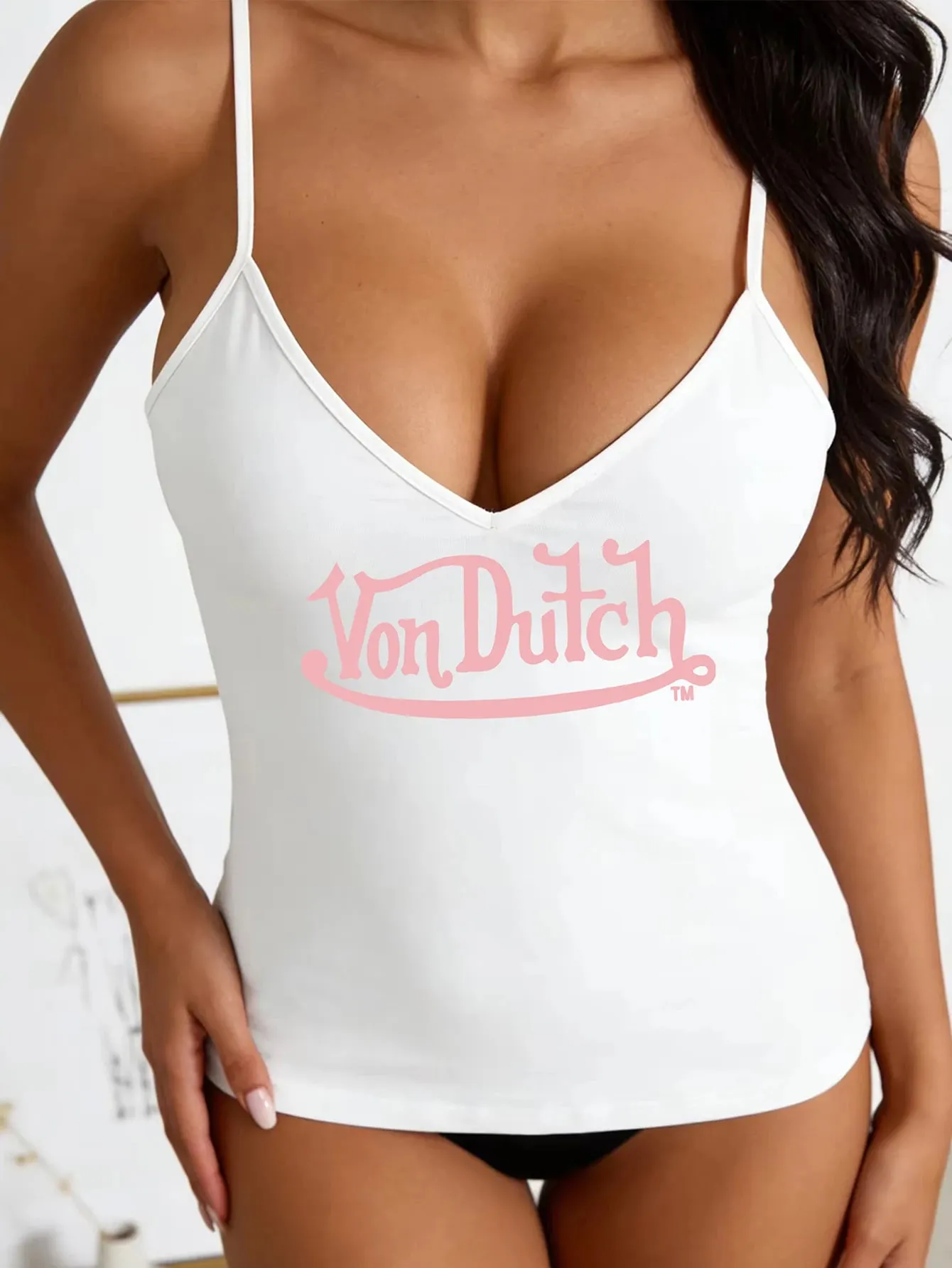 Atasan Halter Tanpa Tali Kerah V Hitam Print Logo Pink Keren Manis Vintage Wanita Y2K