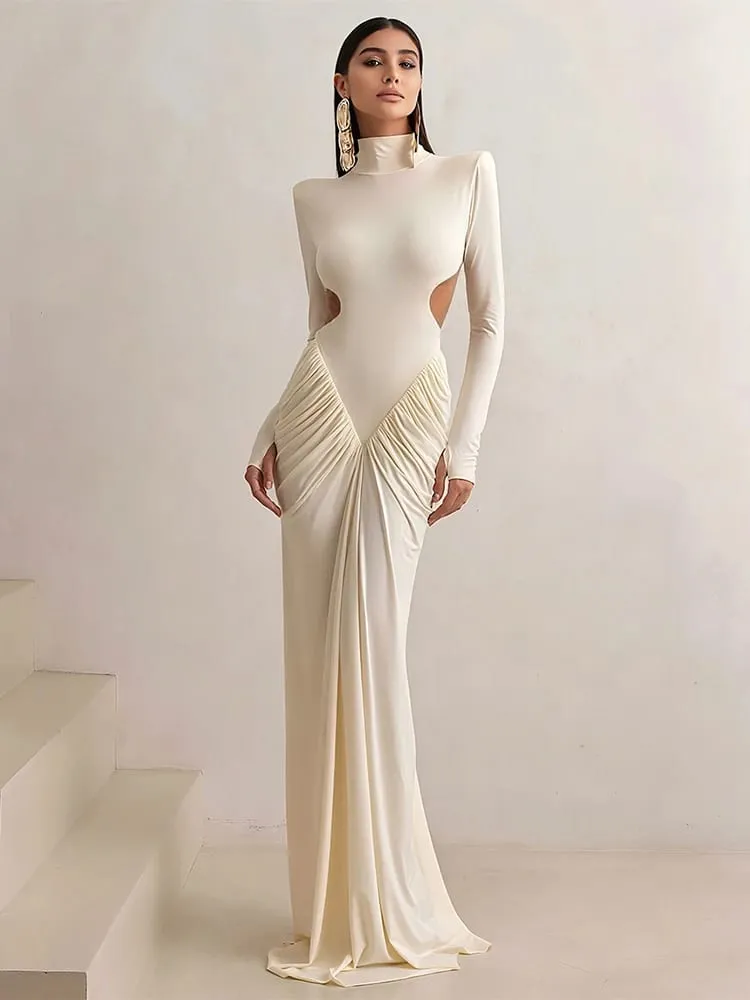 Cutenew High Street Kvinder Maxikjole Klassisk Sexet Rygløs Lige Skulder Fuldærmet Ruched Bodycon Mujer Aften Vestidos