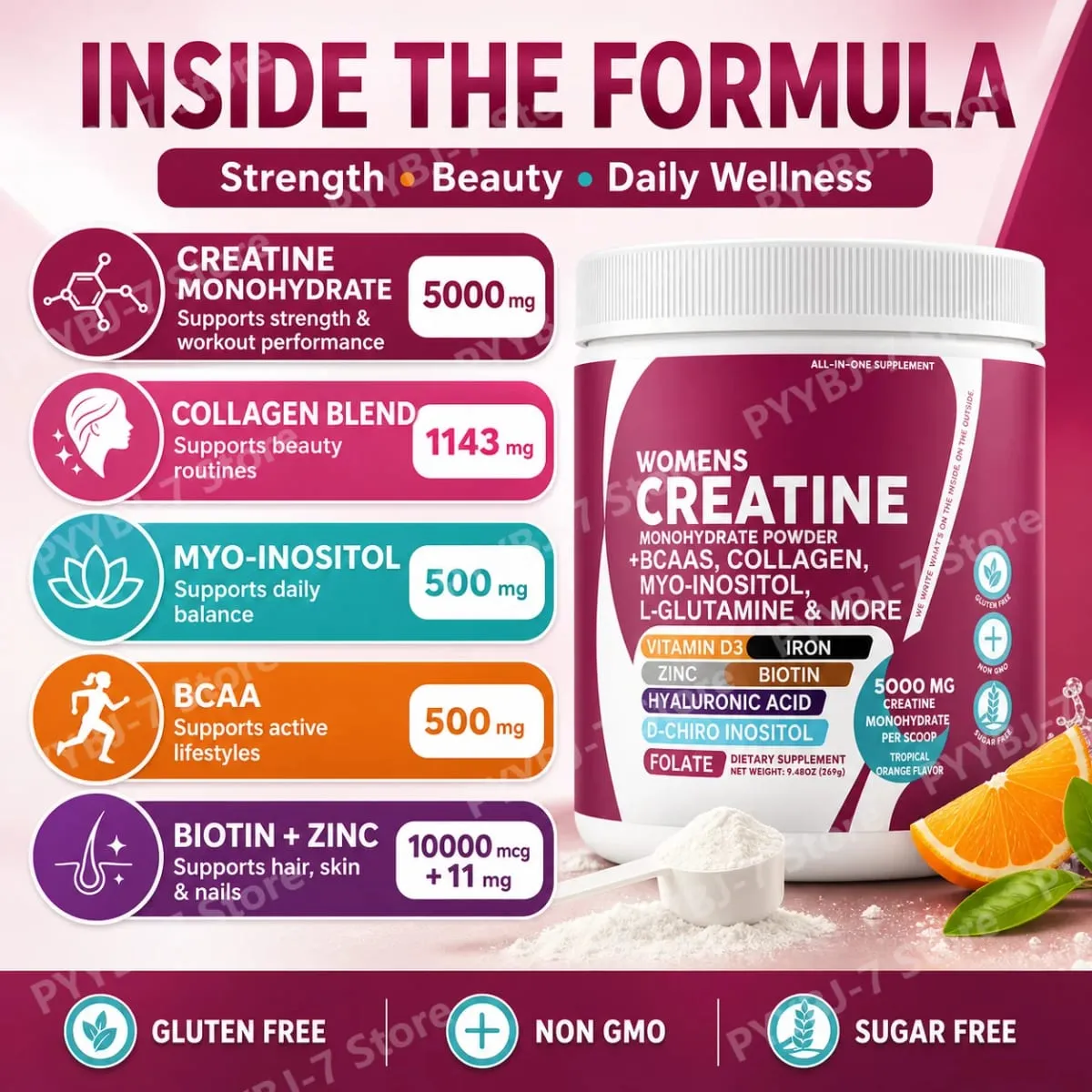 Female Creatine Powder Creatine Monohydrate Powder with BCAA & Amino Acids Daily Health and Nutrition Dietary Supplement