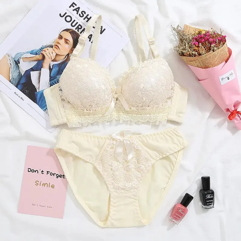 Wire‑Free Soft Push‑Up Brassiere Bra Panty Set Women Lace Lingerie Set Bow Decor Comfortable Daily Wear Intimate Underwear
