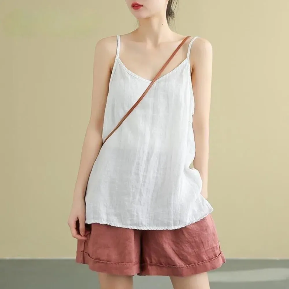 Basic Cotton Linen Spaghetti Strap Top V Neck Sleeveless Sleeveless Tank Top Loose Fit Breathable Camis Top Summer Wear