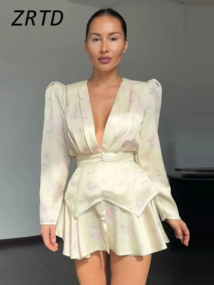 Elegant Printed Waistband Women's Summer Dress Waist Cinched Satin V-neck Puff Sleeve Buttons Dresses 2026 Holiday Short Vestido