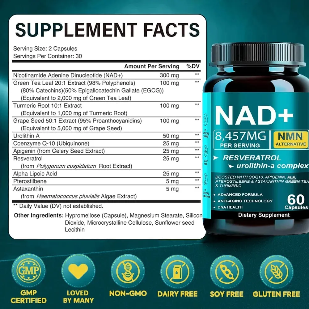 NAD Supplement 8457mg Plus for Energy Focus Skin & Anti-Aging Support - NMN Alternative Liposomal + Green Tea 60 Capsules