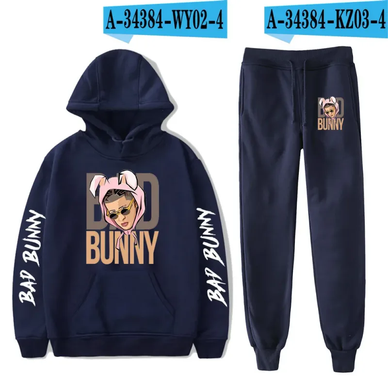 Harajuku Comfortable Funny bad bunny Print Sweatshirt Sweatpants Suit Men/Women Hoodies+ Trousers Suit Cute 2 Piece Set Clothes