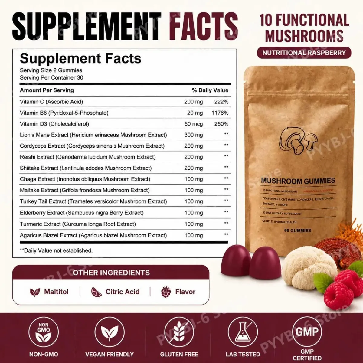 Mushroom Gut Health Gummies with Vitamin C B6 D3 and 8 Mushroom Extracts for Mental Clarity & Immune Support 60 Gummies