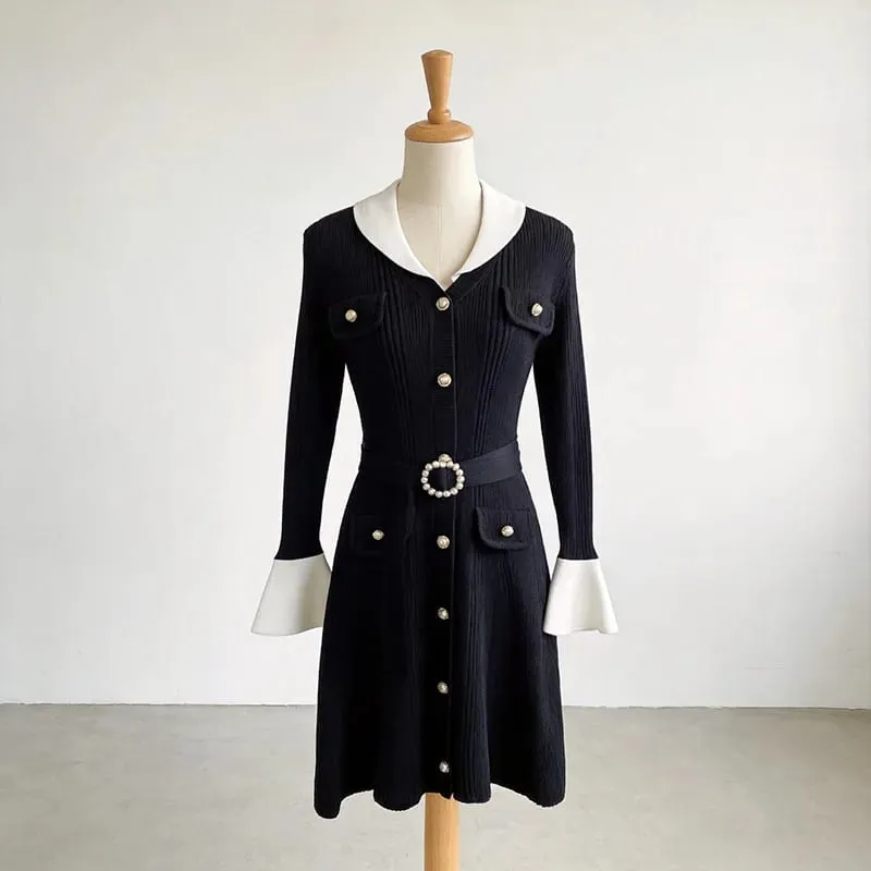 New 2026 Autumn Winter Knitted Sweater Dresses for Woman Fashion Flare Sleeve Hit Color Short Casual Party Dress Elegant