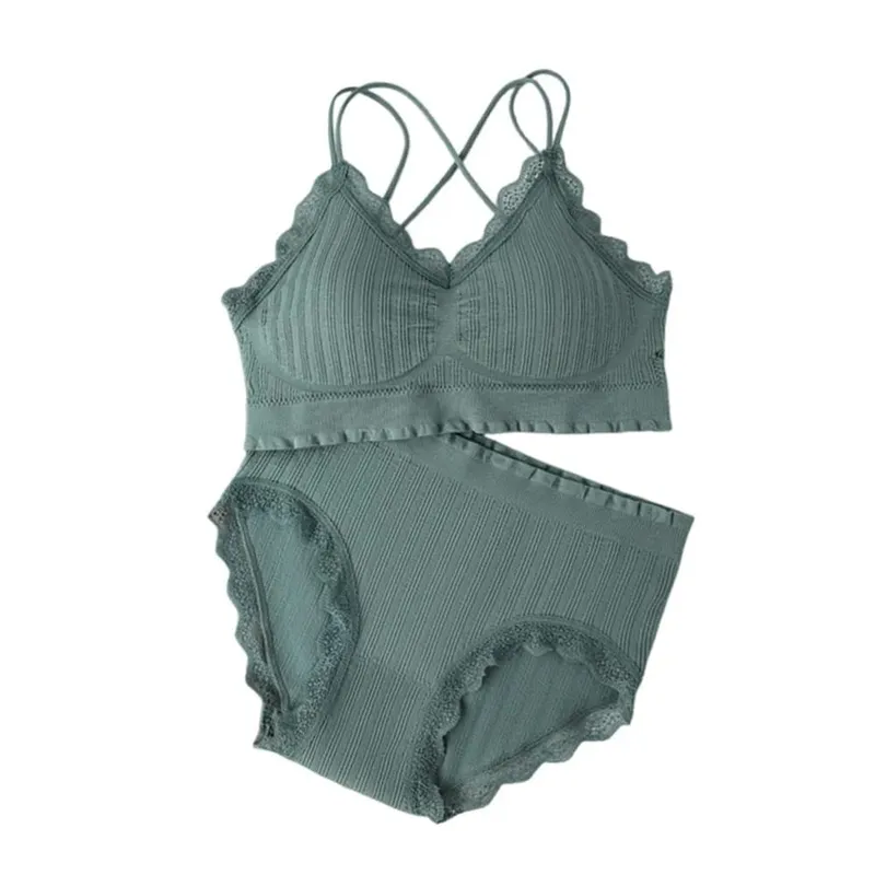 1Set Casual Lace Women Seamless Bra Set V-Neck with Bra Pads Lingerie Set Comfortable Breathable Underwear Set