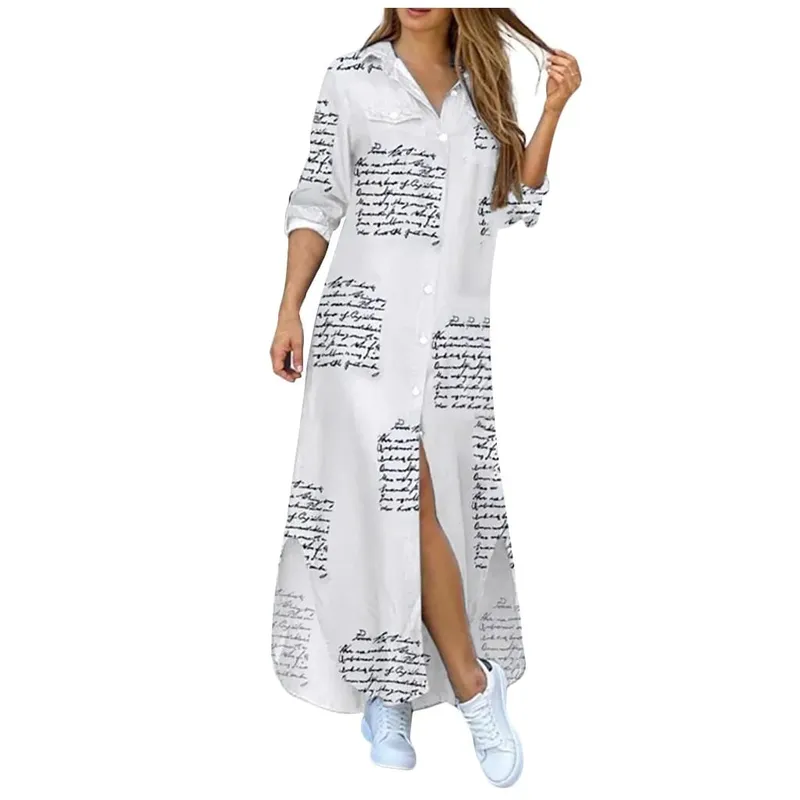 Robe longue en Denim pour femmes, manches longues, chemise, avec poches, boutons, imprimée, décontractée, ample, nouvelle collection automne 2023