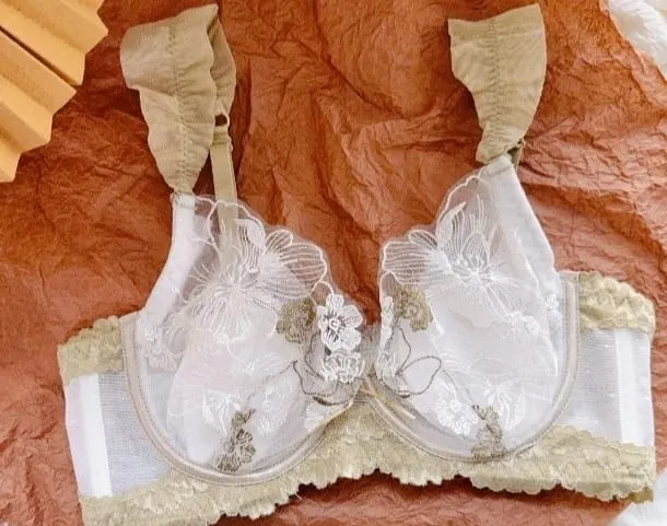 Women French Floral Lace Bra Set Ultra Thin Rabbit Ear Cup Soft Underwire Sexy Lingerie Big Bust Minimizer Breathable Daily Bra