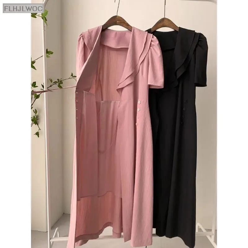 Sydkorea Chic midiklänning Kvinnor Sommar Japanstil Retro Vintage Design Volanger Rosa One-Piece Spetsklänning FLHJLWOC Vestidos