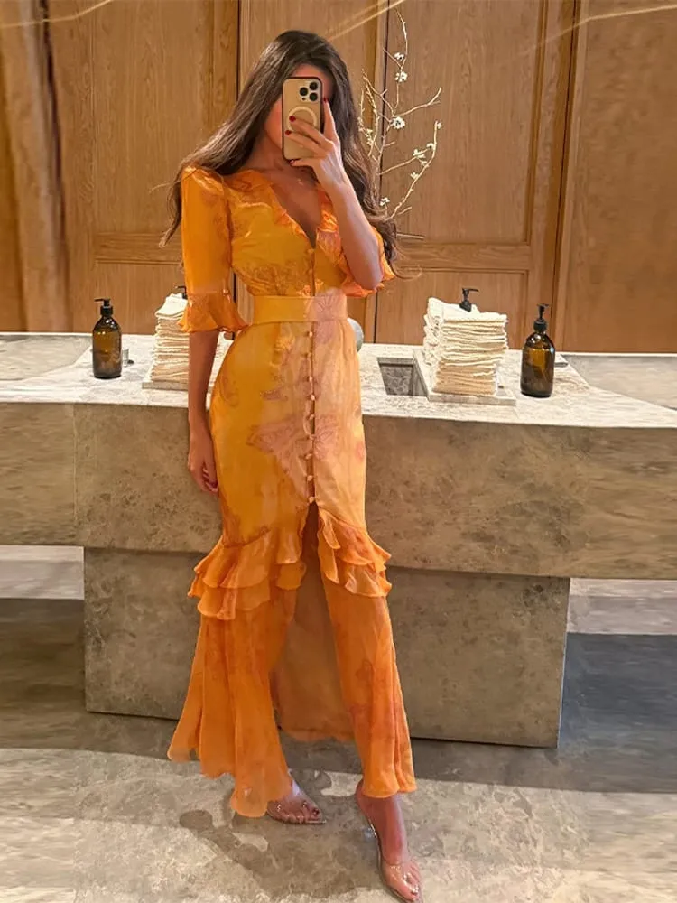 Organza Floral Printed Maxi Dress Fashion V-neck Puff Sleeve 2026 Spring/summer Romantic Women Party Gown Elegant Lady Vestidos