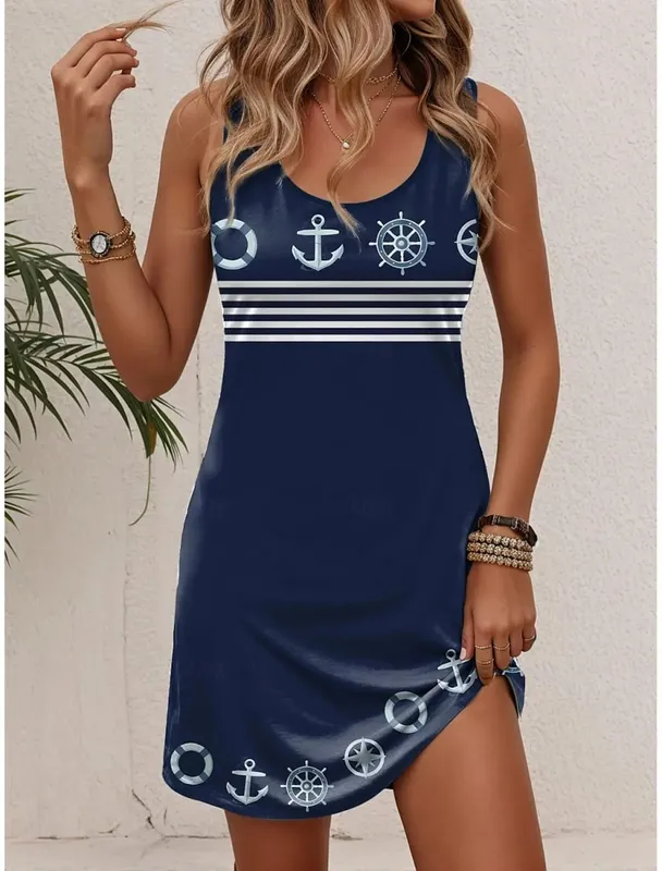 Women's Sleeveless Crew Neck Tank A-Line Mini Dress Print White Red Blue Loose Casual Summer Beach Vacation Daily Dress