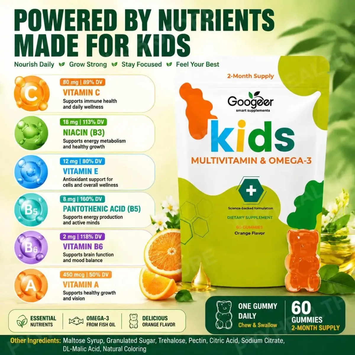 Googeer Kids Multivitamin & Omega-3 Gummies Vitamin C D3 B6 B12 Zinc Fish Oil Orange Flavor 60 Count Daily Nutrition Support