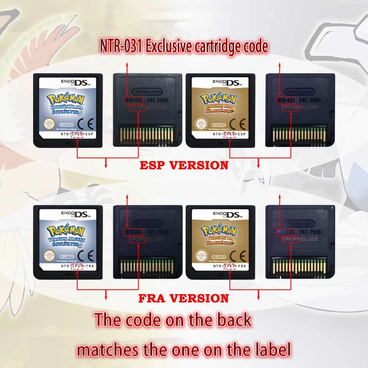 (USA EUR AUS NOE ESP FRA ITA) Pokemon HeartGold SoulSilver Version High Quality Authentic 1:1 Replica DS Video Game Cartridge