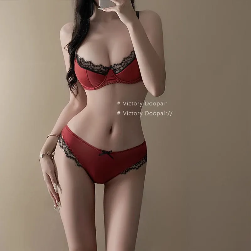 Red Satin Bra Set Dopamine Lingerie for Small Chest Push Up Gathers Anti Sagging Sexy Lace Bralette for Women Pure Sensual