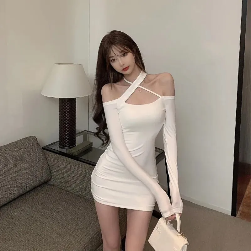 Women's Dress Off Shoulder Sexy High Waist Bodycon Mini Dress Summer 2026 New Black Long Sleeve Party Dress