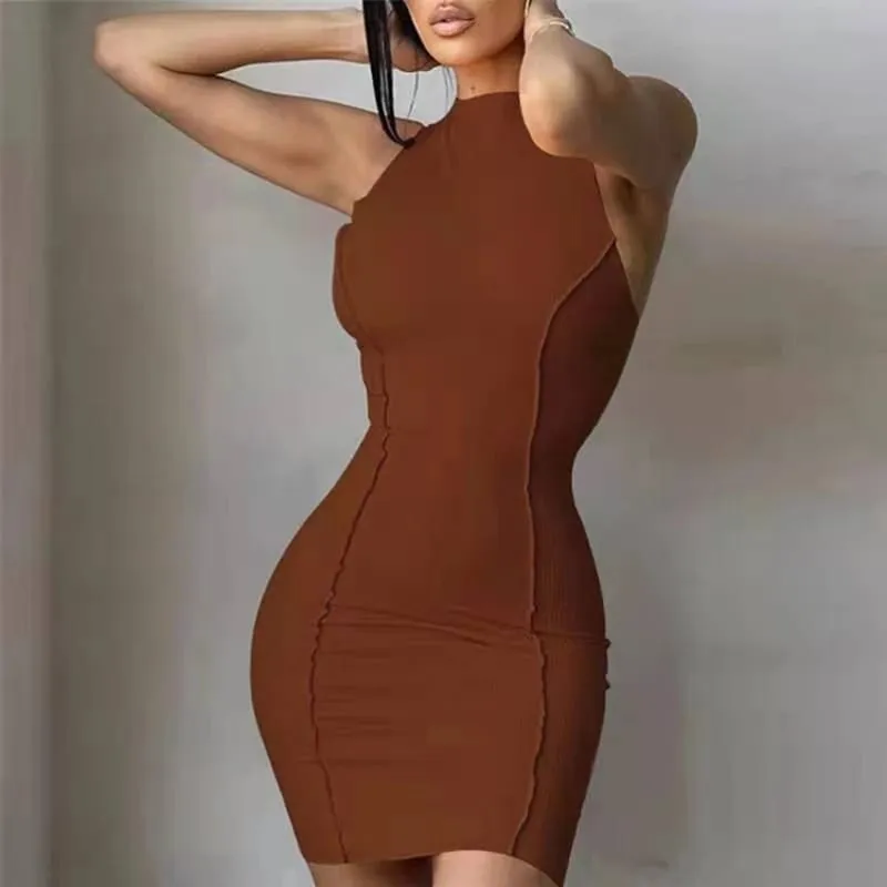Vestido ajustado sexi de verano para mujer, vestido a la cadera, parches lisos, cuello redondo, sin mangas, Mini Vestidos INS de moda de calle alta