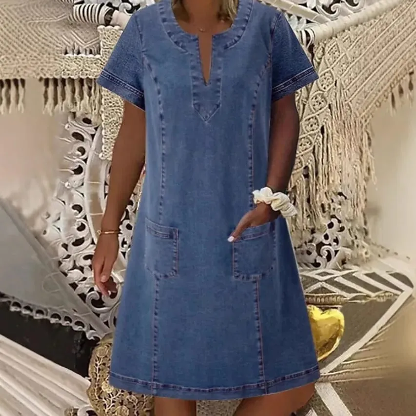 Denim Dress Women Streetwear Dresses V Neck Short Sleeves Pockets A Line Vintage Distressed Washed Summer Vestidos LYQ603122