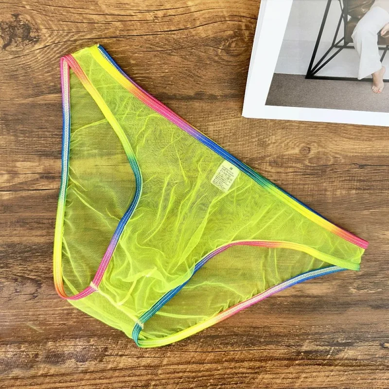 Cuecas masculinas coloridas de cintura baixa u convexa, cuecas de gaze sexy ultrafinas de malha pura transparente