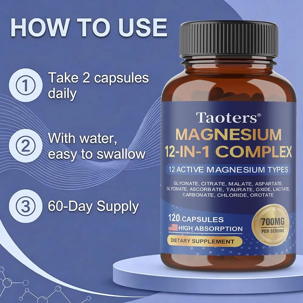 Magnesium 12-in-1 Complex Supplement – 700mg High Absorption Glycinate Citrate Malate & Taurate Blend for Muscle Nerve Sleep