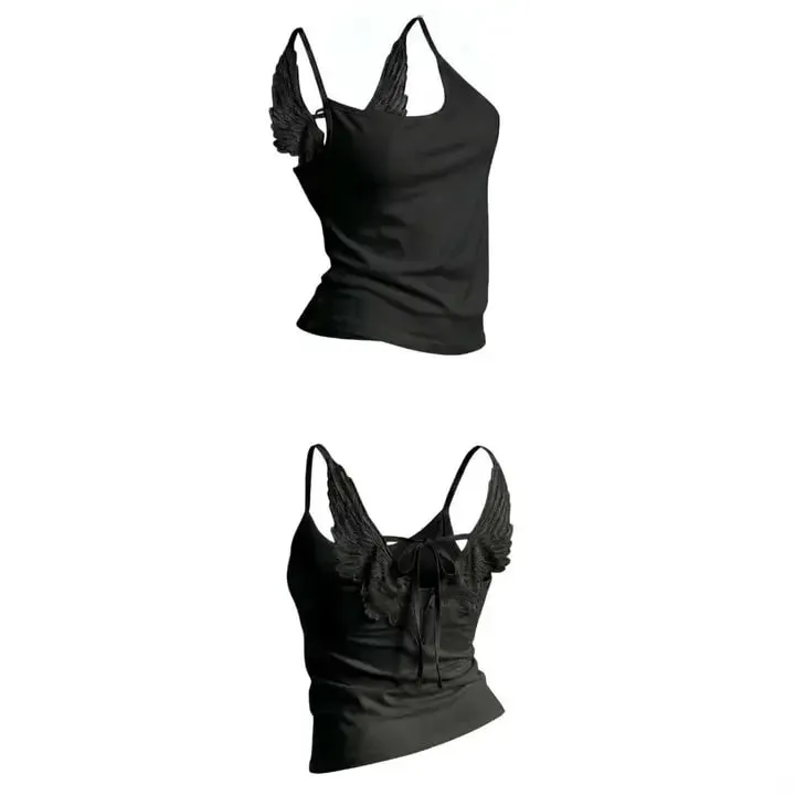 White Angle Wings Embroidered Camis Y2K Sexy Sleeveless Backless Bow-Tie Straps Slim Vest Woman Summer Tank Top