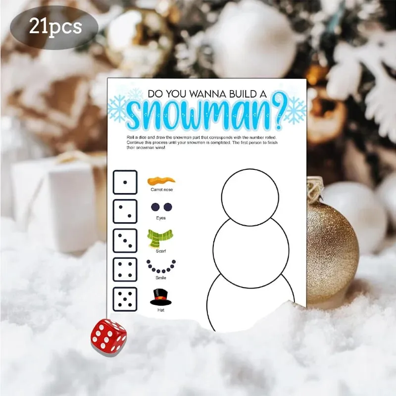 21pcs Christmas Roll a Snowman Game Cards Dice Rolling Game Set Snowman Drawing Game Family Party and Holiday Party Game