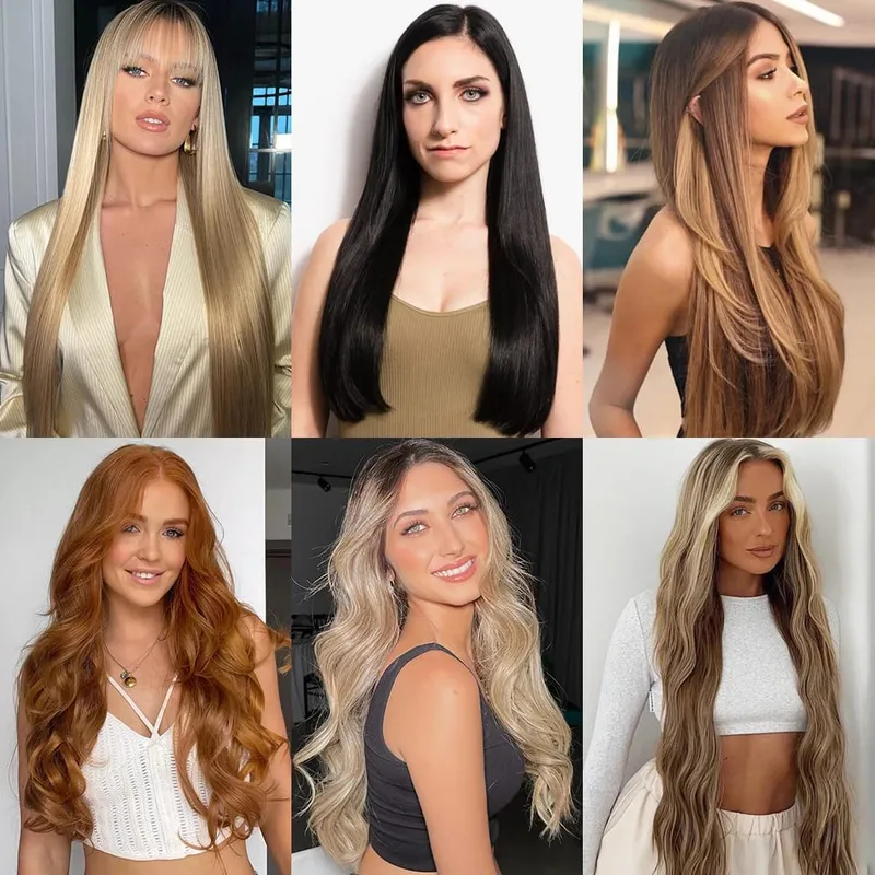 Synthetische 5 Clips in Haarverlängerungen, natürliche lange gewellte Frisuren, gefälschtes Haarteil, braun, schwarz, einteilig für Frauen