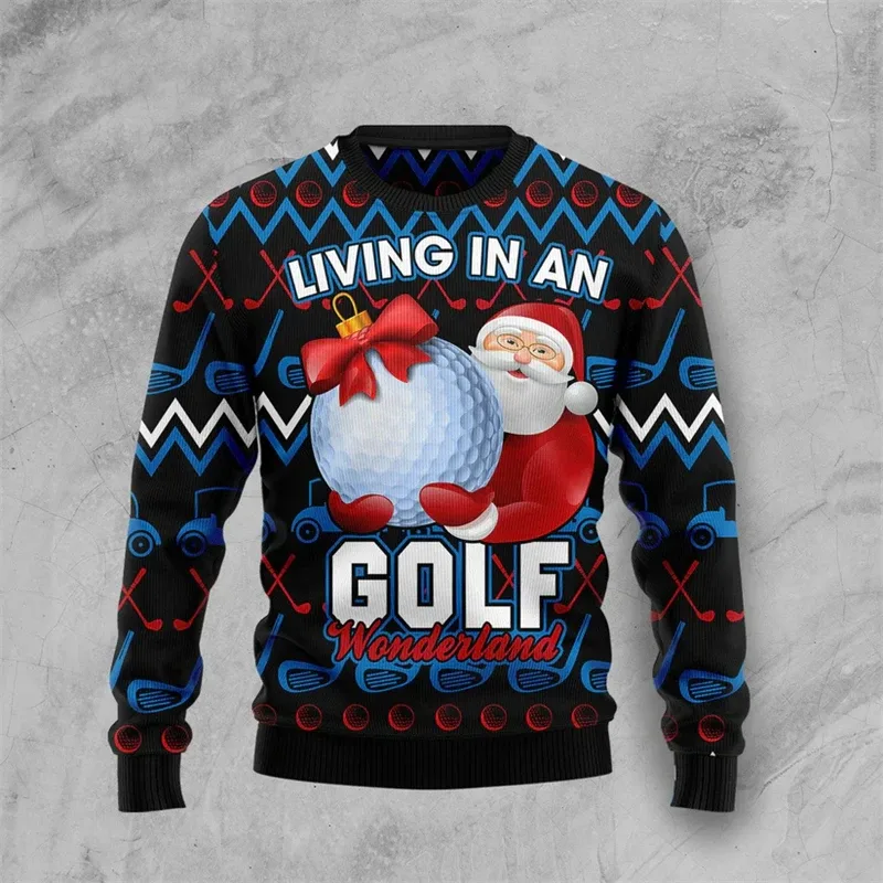 Fashion Golf Graphic Ugly Christmas Sweater For Men Funny Santa Claus 3D Printed Xmas Sweatshirts Cool Streetwear Pullovers Tops