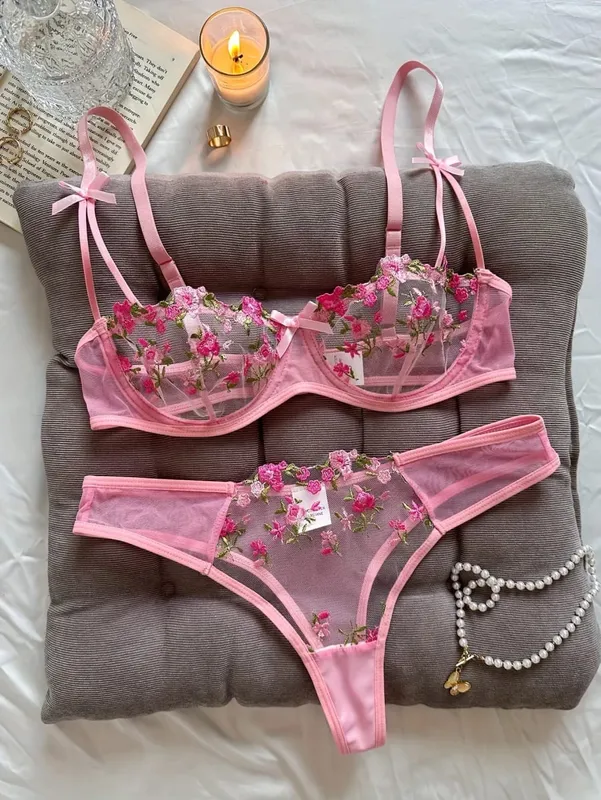 Lencería de noche para mujer, ropa interior Sexy hermosa de 2 piezas con bordado floral, conjunto de lencería erótica, conjuntos de mujer