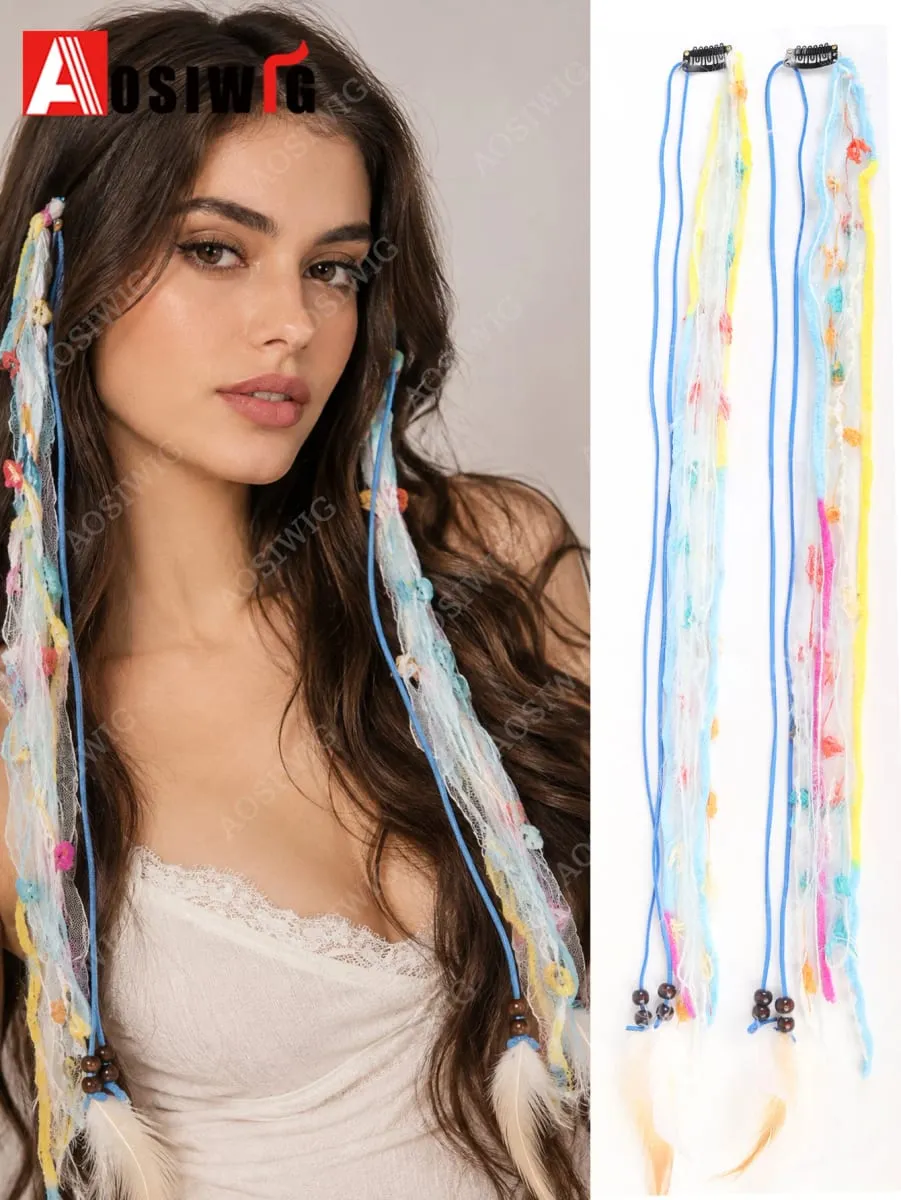Synthetic Boho Braided Hair Extensions for Women Clip In Festival Hairpiece with Beads Feathers Hippie Hair Accessories
