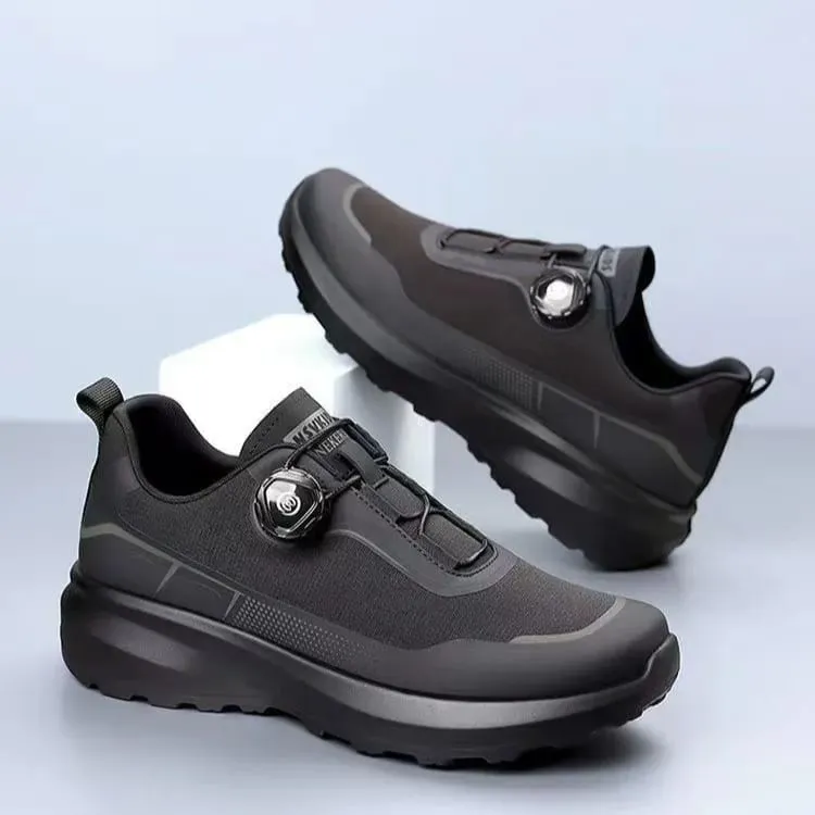 Men Black Casual Running Shoes Rotating Button Slip Resistant Thick Sole Outdoor Sneakers