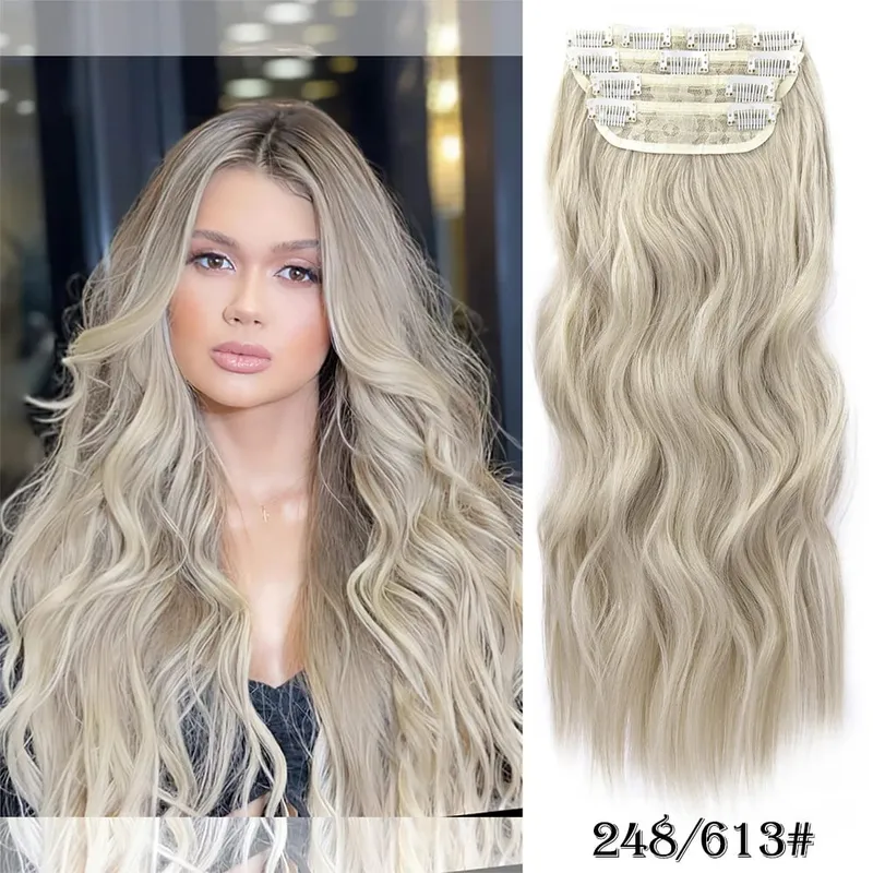 Clipe sintético longo ondulado feminino de alta temperatura, extensão de cabelo sintético, 4 peças, clipe longo, macio, ondas glam, grosso