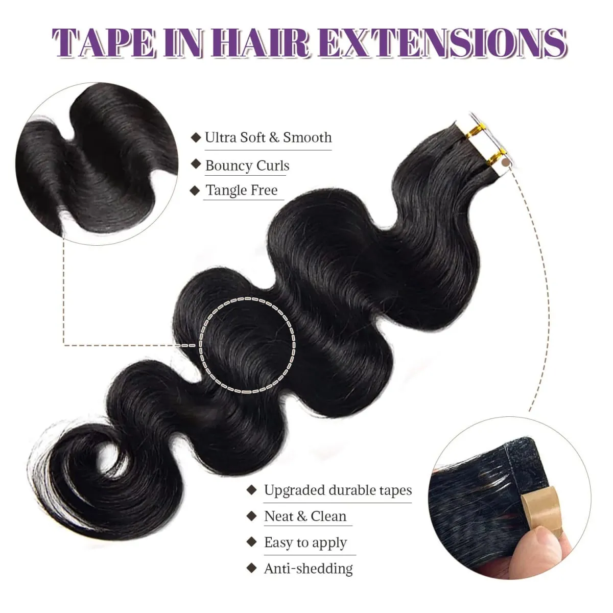 Body Wave Tape In Hair Extensions Human Hair 16-26 Inch Wavy Black Tape Ins Double Sided Natural Real Virgin Hair 20Pcs 50G