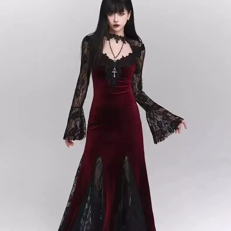 Vinter Gotisk Grunge Spetsklänning Koreansk Modedesign Festival Lång Balklänning Kvinnor Halloween Kostym Sexiga Slimma Festklänningar