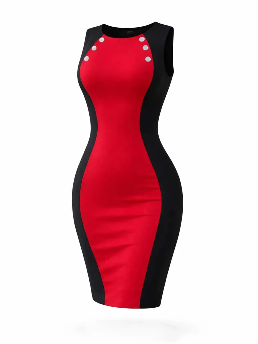 Women Elegant Color Block Round Neck Sleeveless Summer Office Work Knee Length Bodycon Dress Slim Fit Patchwork Pencil Dress