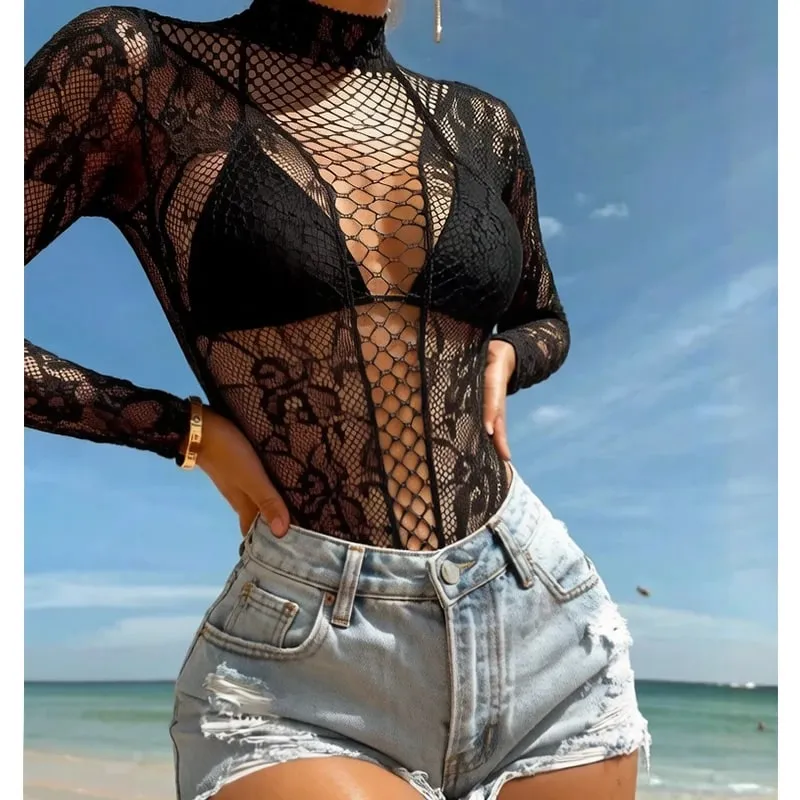 Women Summer Long Sleeve Bodysuit Cover Up Hollow Out Beachwear Without Underwear Sheer Mesh Fishnet Music festival Swimsuit