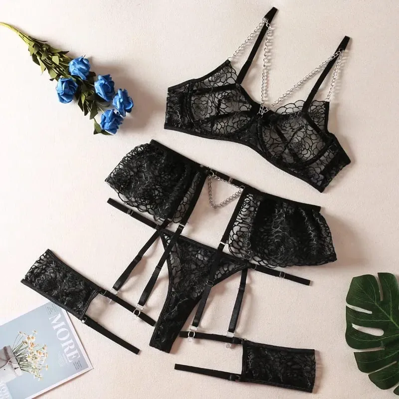Bra + Panties + Garter + Hemline New Lace Transparent Push Up Lingerie Sets For Women Sexy Sleep Hollow Out Chain Underwear