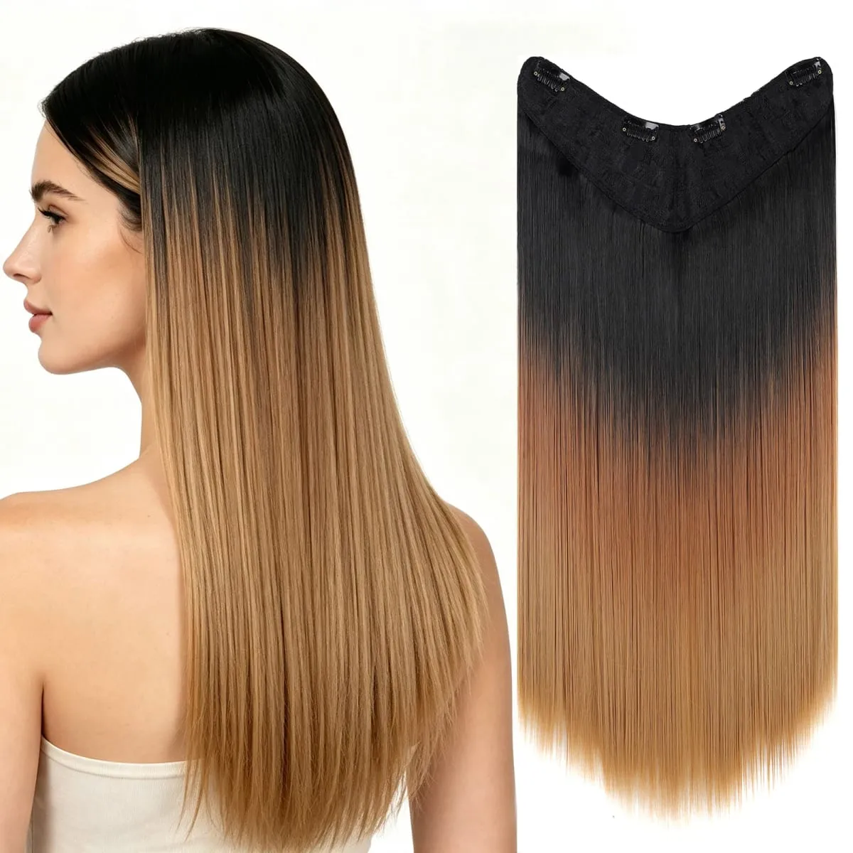 U Shaped One Piece Clip In Hair Extensions 4 Secure Clips Straight Ombre Synthetic Hairpiece 140g For Daily Party