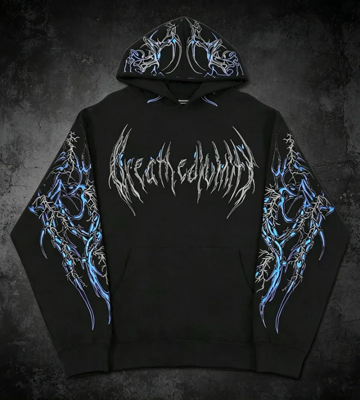 Men Alt Gothic Pullover Hoodie Y2k High Street American Style Dark Thorn Print Fleece Lined Loose Biker Fall Winter Sweatshirt