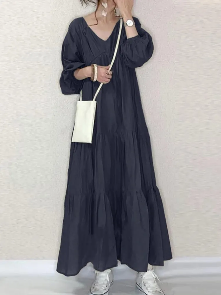 Robe longue à volants Vintage pour femmes, tenue de printemps décontractée, manches bouffantes, Maxi, col en V, robes élégantes