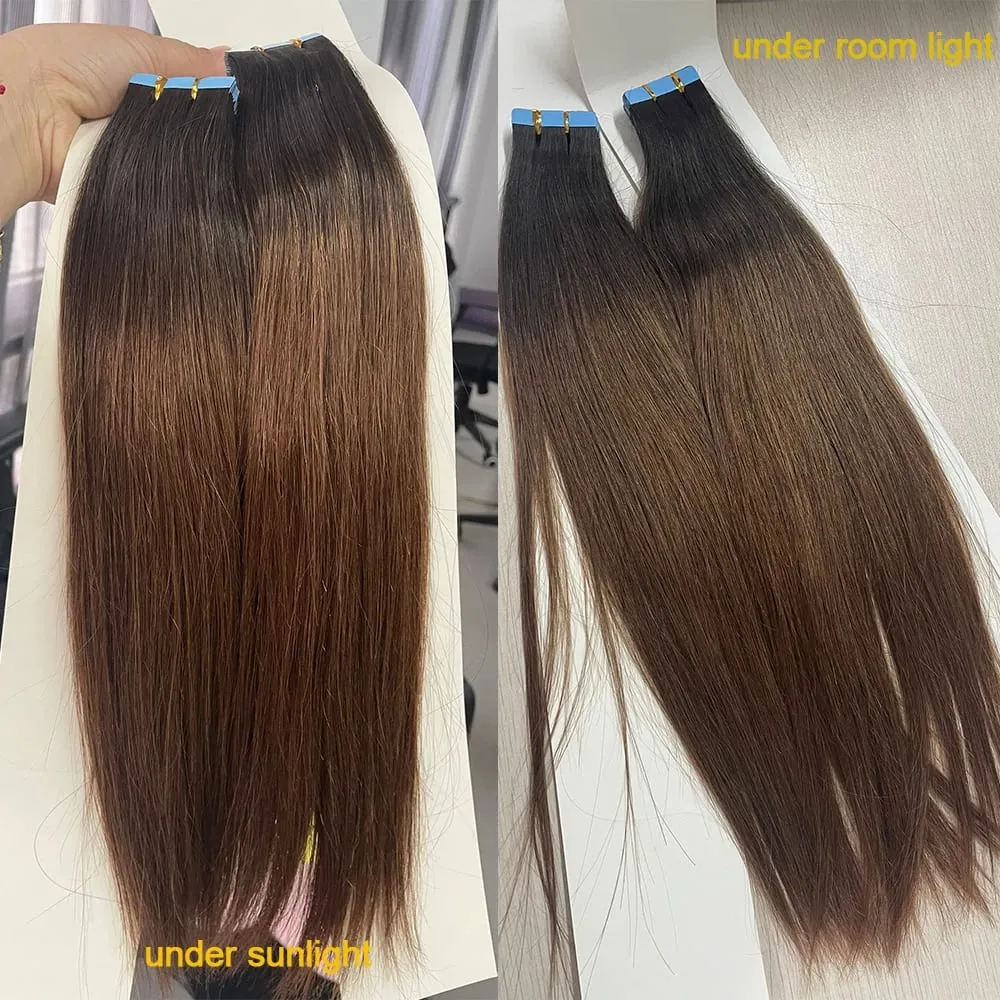Doreen Ombre Brown Dark Roots Tape in Hair Extensions Human Hair Invisible Tape Hair for Thin Hair 20Pcs/set 50G Skin Weft Hair