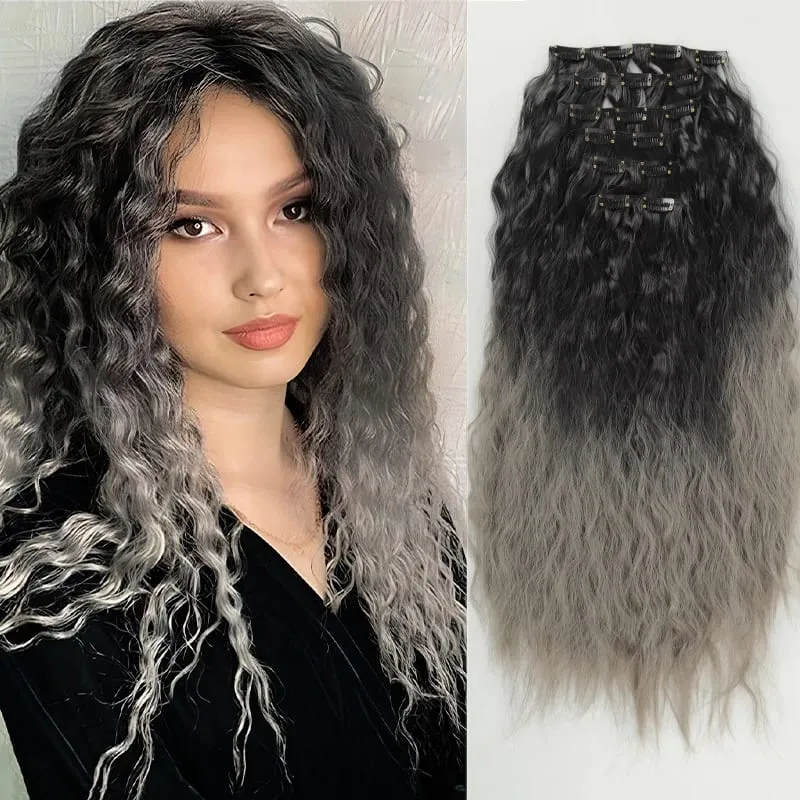 6PCS Clip In Hair Extensions 24" Black Brown Hair Extension Long Mermaid Waves Synthetic Clip On Hairpiece For Women